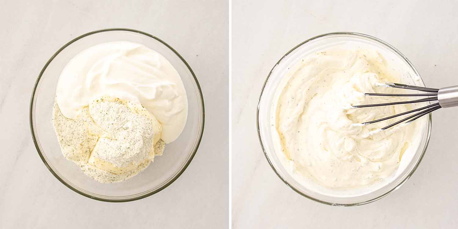 process shots showing how to make baked crack chicken casserole.
