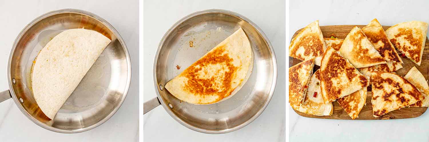 process shots showing how to make chicken quesadillas.