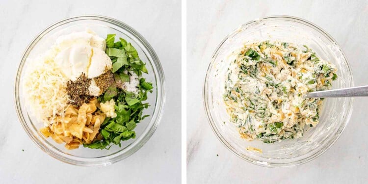 process shots showing how to make spinach and artichoke stuffed chicken.