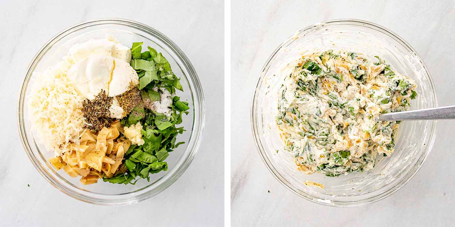 process shots showing how to make spinach and artichoke stuffed chicken.