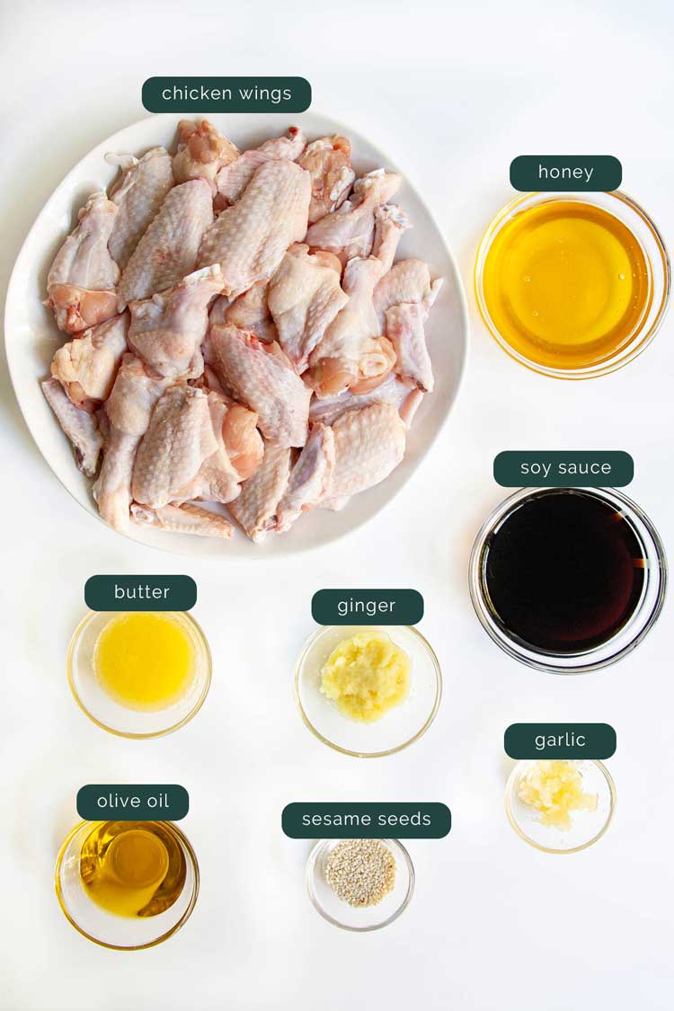 overhead shot of all the ingredients needed to make sticky honey soy chicken wings