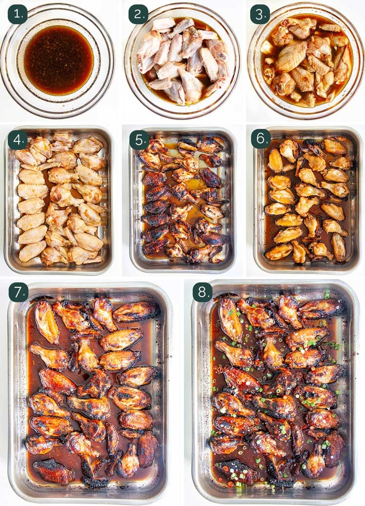 process shots showing how to make sticky honey soy chicken wings