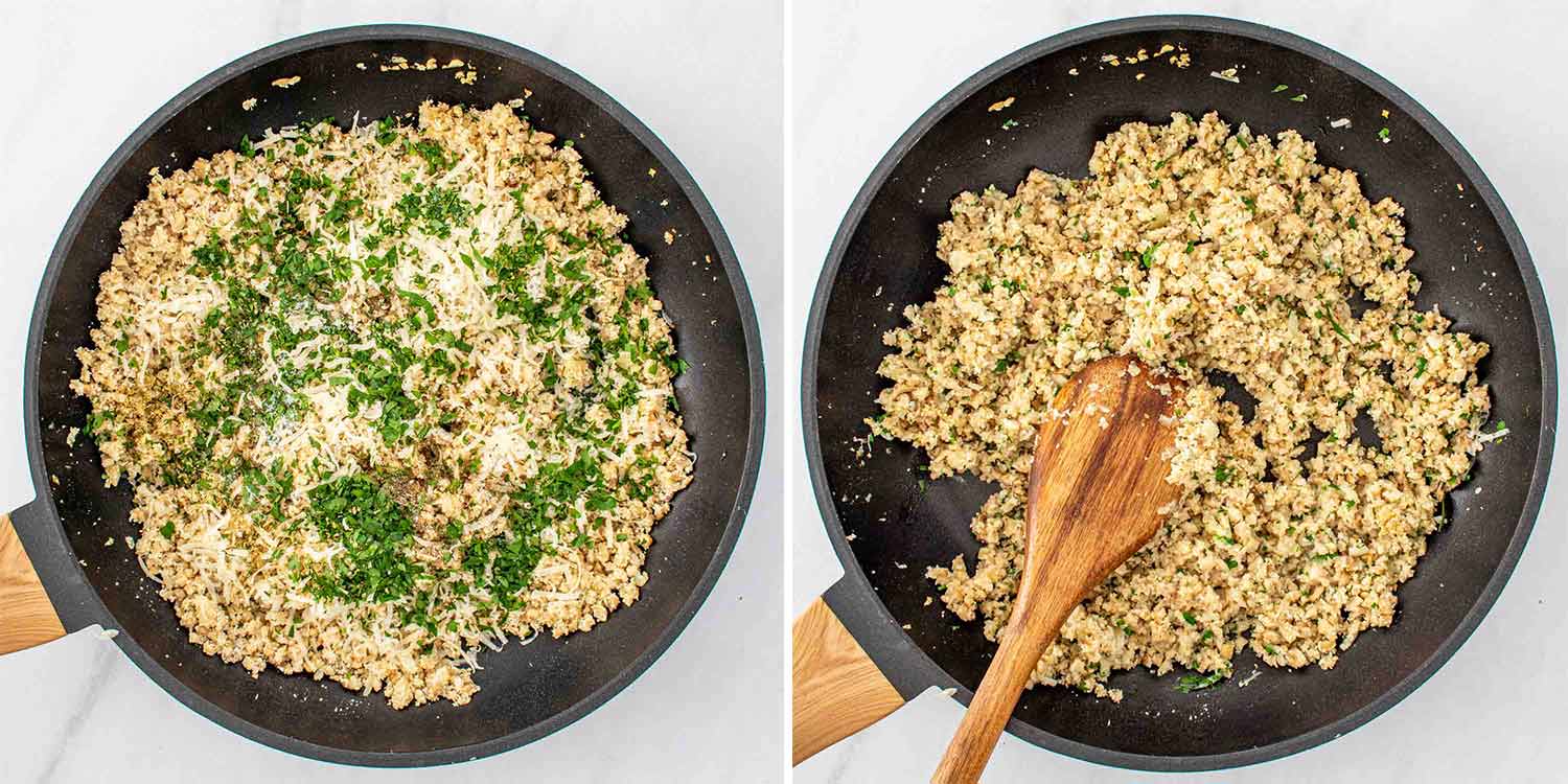 process shots showing how to make stuffed mushrooms.
