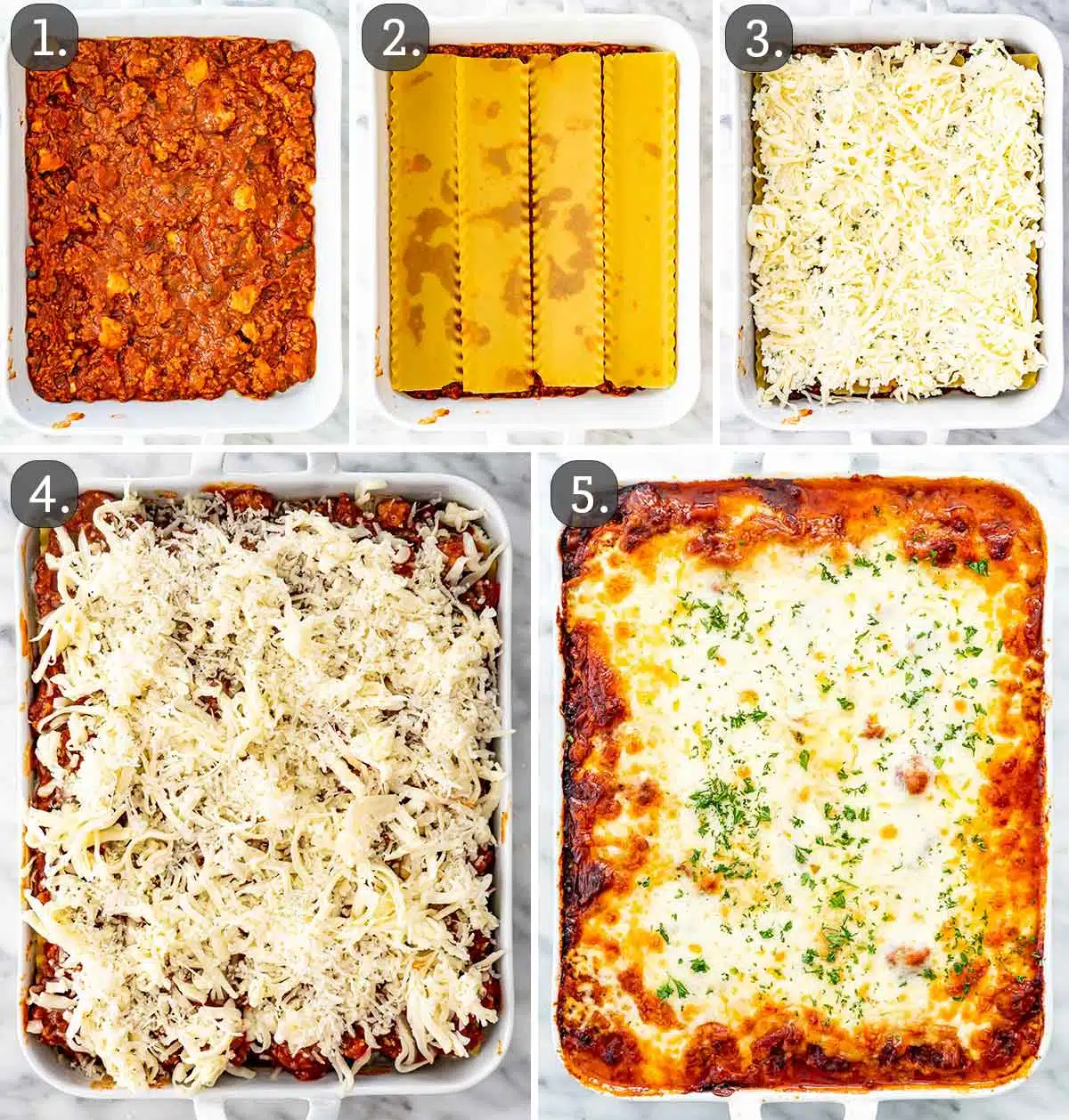 process shots showing how to assemble lasagna.