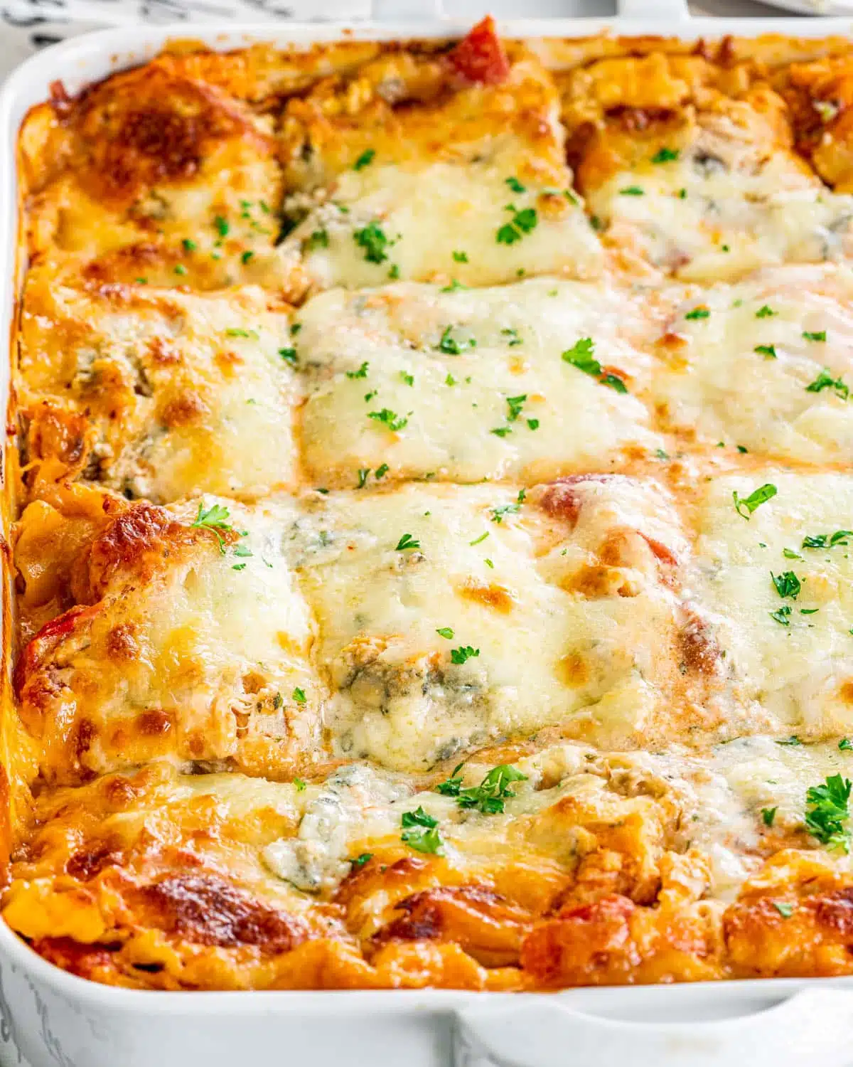 Buffalo Chicken Lasagna lasagna in a white casserole dish