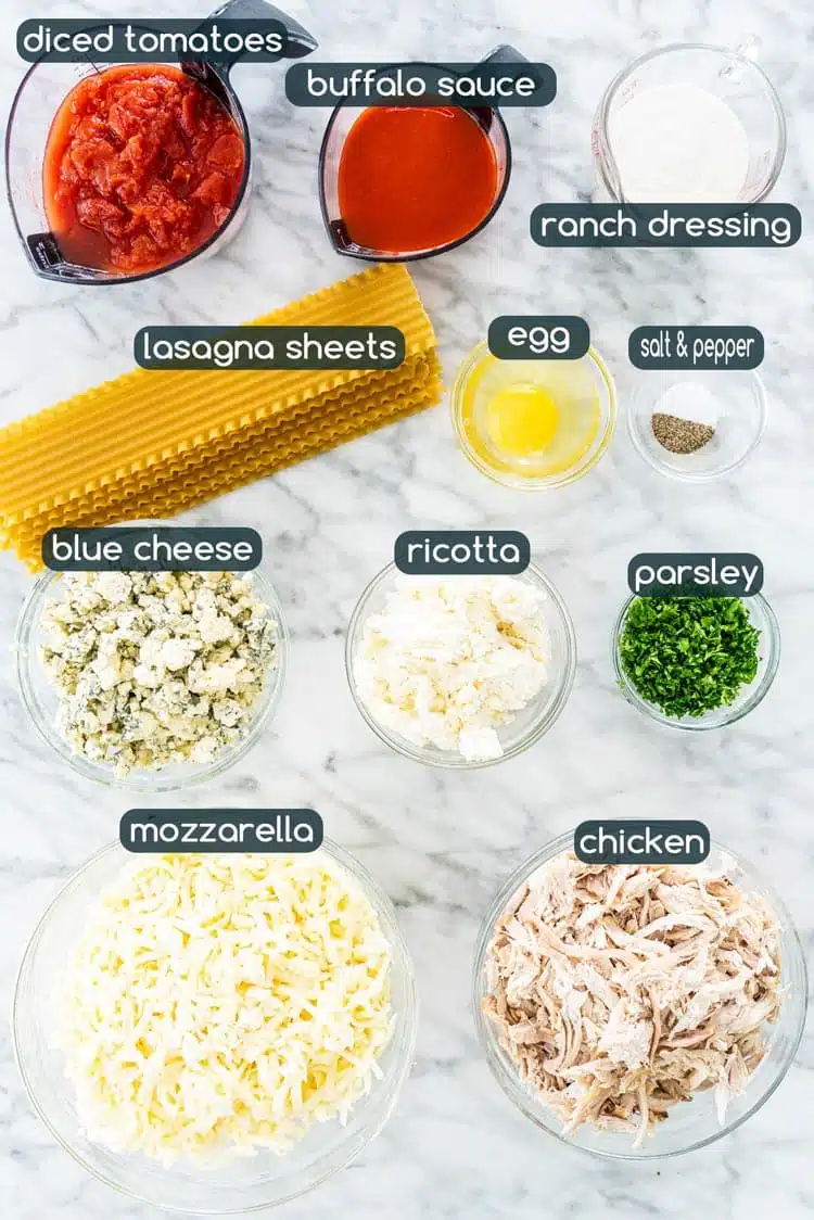 Buffalo Chicken Lasagna overhead shot of all ingredients needed to make Buffalo Chicken Lasagna