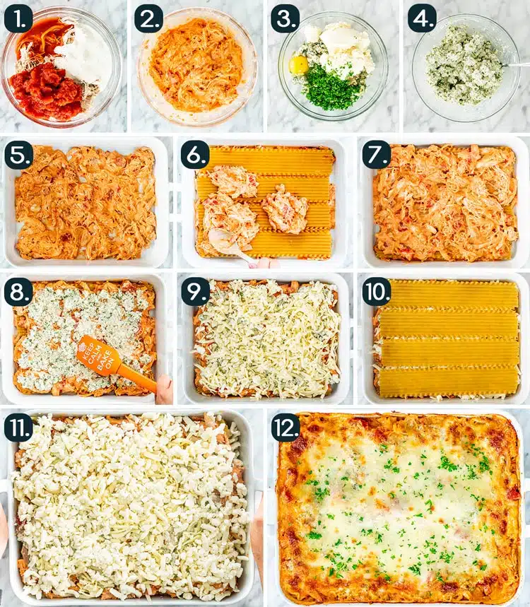 Buffalo Chicken Lasagna process shots showing how to make Buffalo Chicken Lasagna
