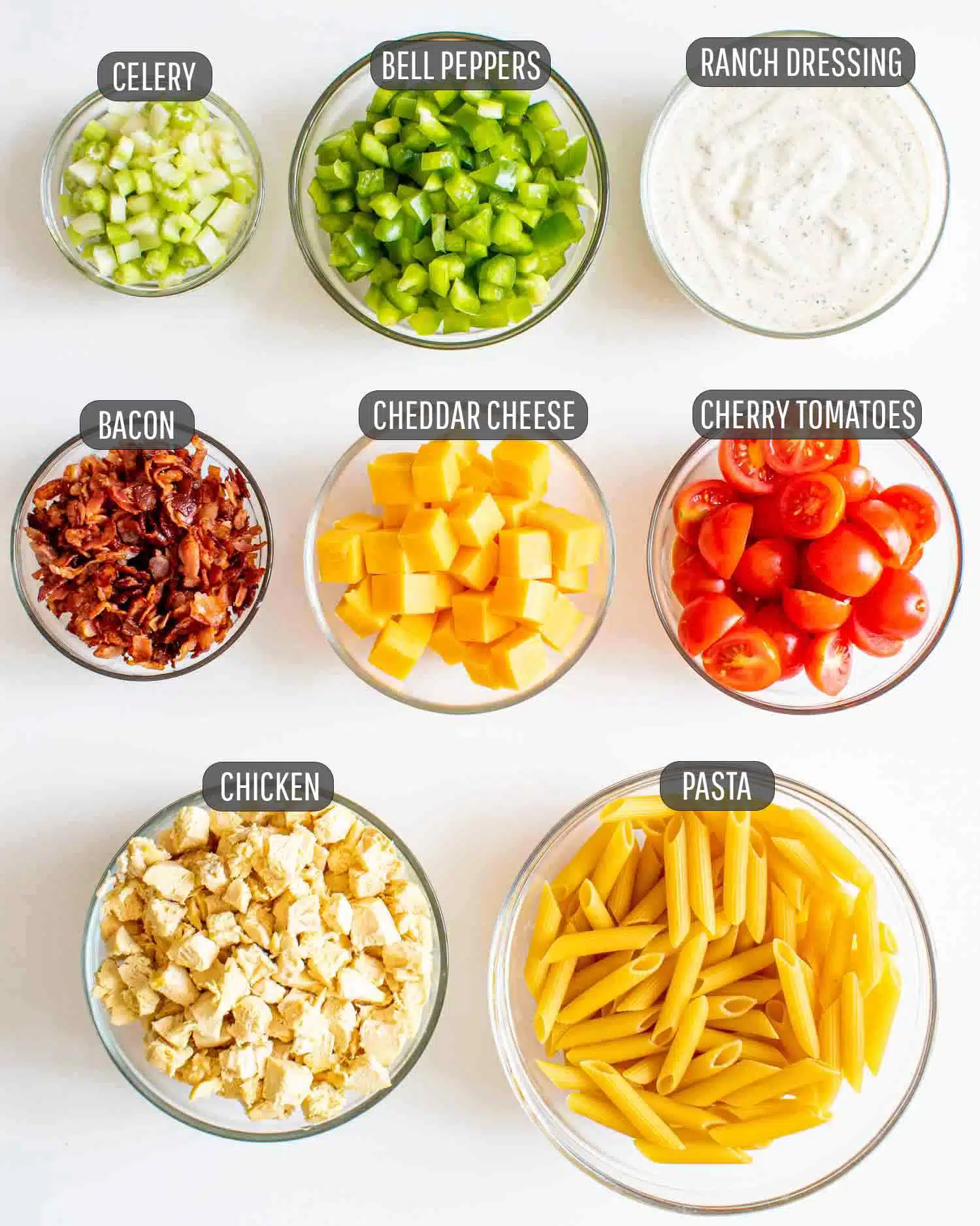 ingredients needed to make chicken club pasta salad.