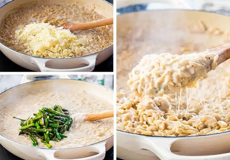 Quick and delicious Creamy Parmesan Orzo with Chicken and Asparagus that can be on your dinner table in only 30 minutes! Cheesy, creamy, delicious goodness! #parmesanorzo #chicken #30minutemeals Creamy Parmesan Orzo with Chicken and Asparagus