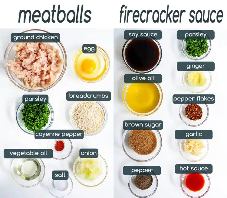 Firecracker Chicken Meatballs overhead shot of all the ingredients needed to make Firecracker Chicken Meatballs