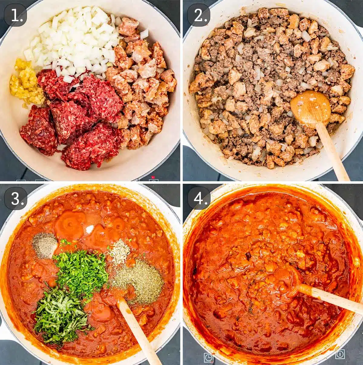 process shots showing how to make meat sauce for lasagna.