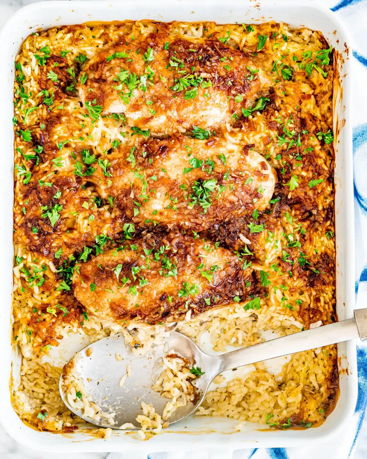 No Peek Chicken Rice Casserole No Peek Chicken Rice Casserole in a white casserole dish