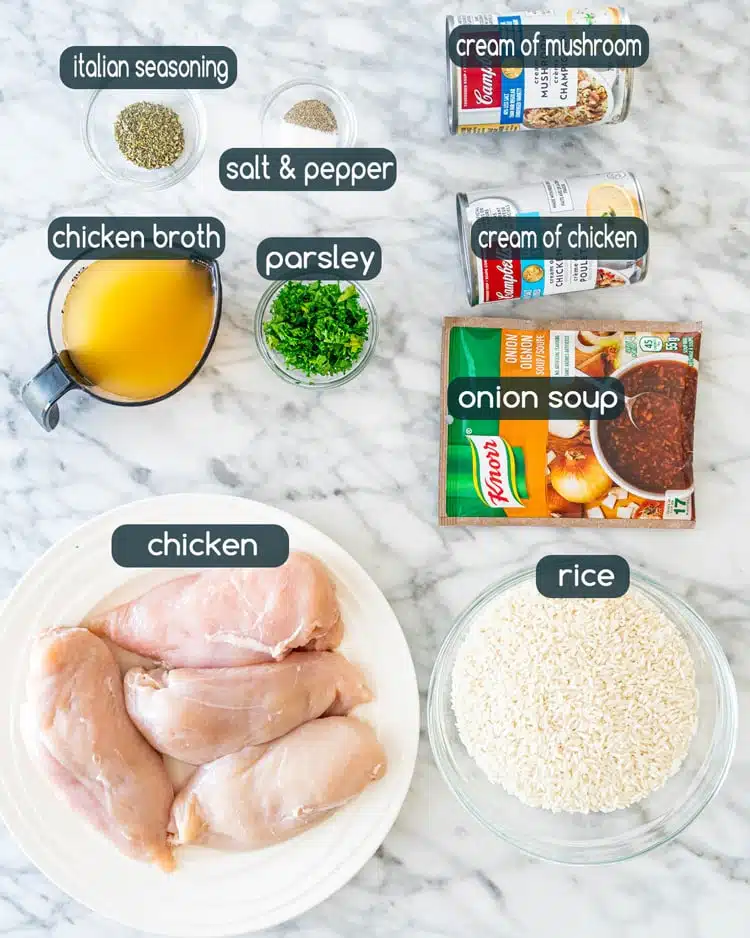 No Peek Chicken Rice Casserole overhead shot of all the ingredients needed to make No Peek Chicken Rice Casserole
