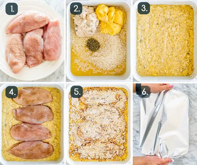 No Peek Chicken Rice Casserole process shots showing how to make No Peek Chicken Rice Casserole