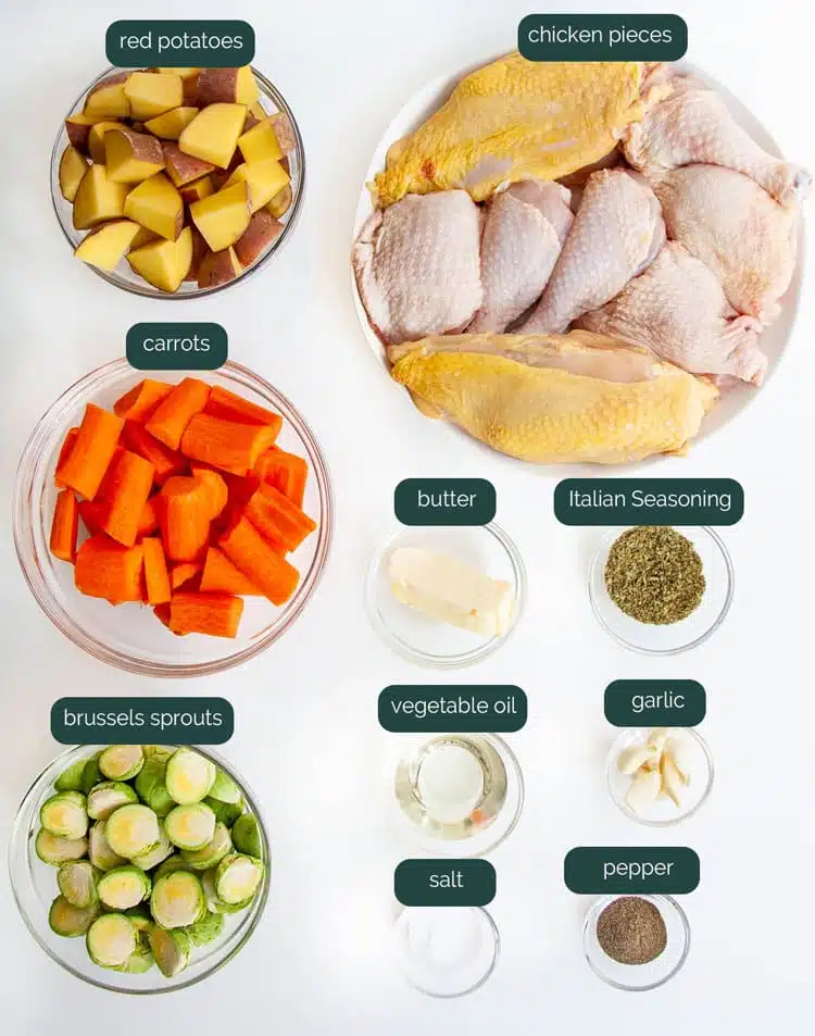 overhead shot of all the ingredients needed to make roasted chicken and vegetables